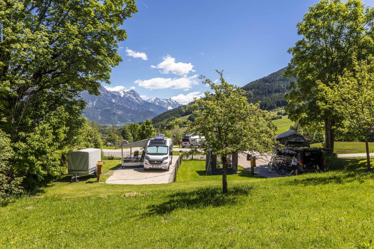 Wohnmobile auf den grünen Stellplätzen am Pöchtlhof