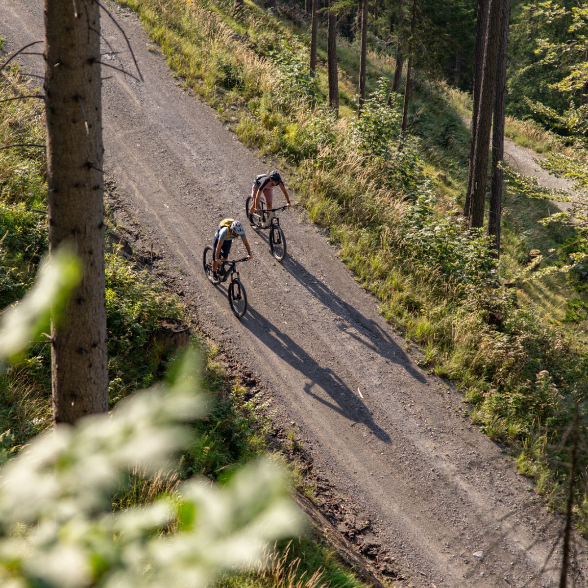 Mountainbiker in einer Waldkurve bei Saalfelden Leogang