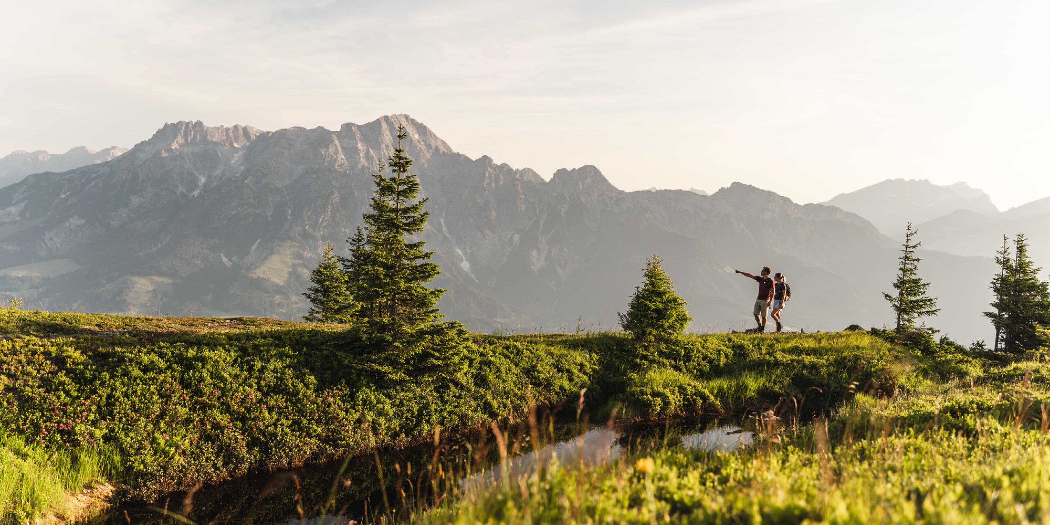 Wandern über Almwiesen im Abendlicht von Saalfelden Leogang