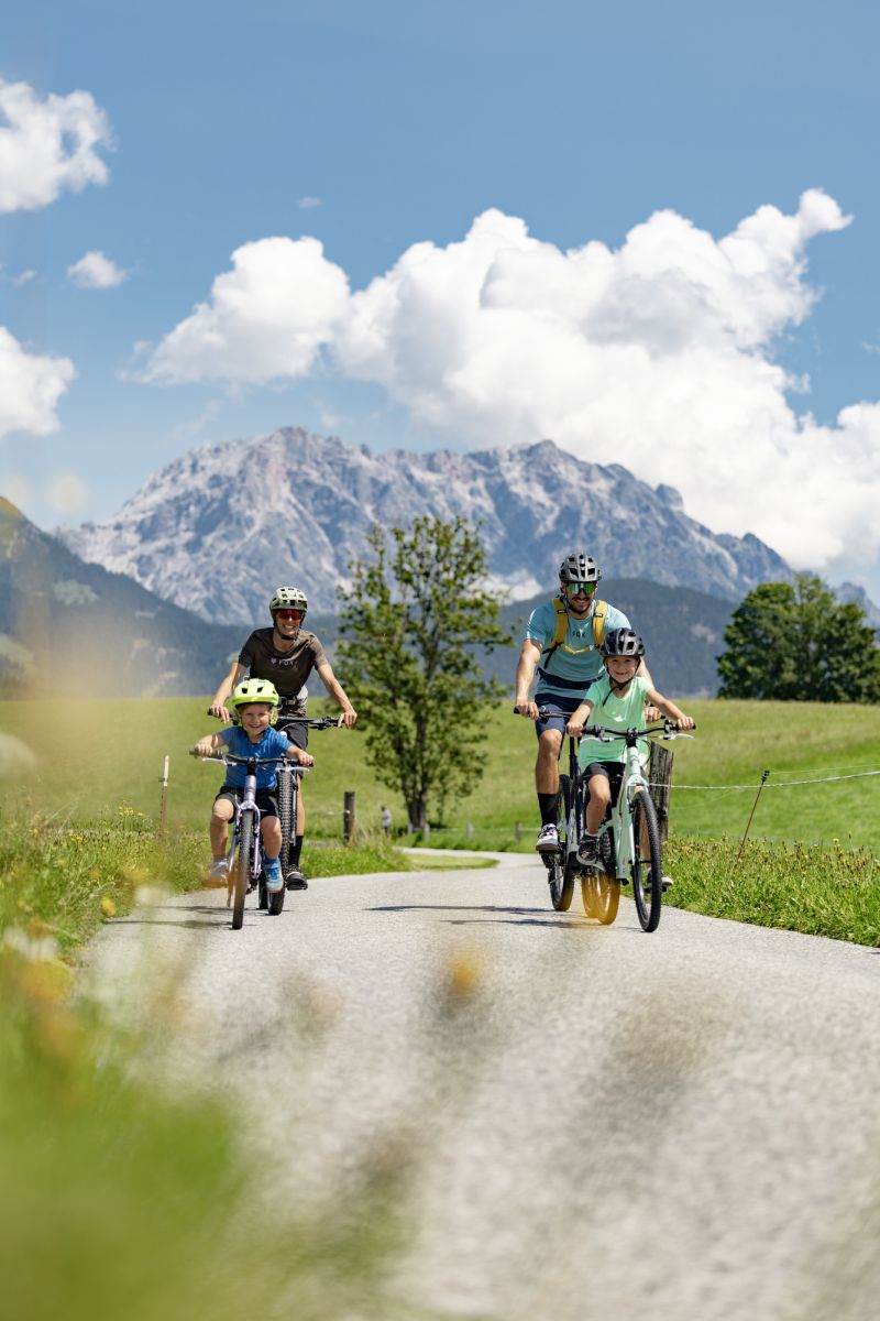 Mountainbiker auf einer Almroute mit Blick auf die Steinberge