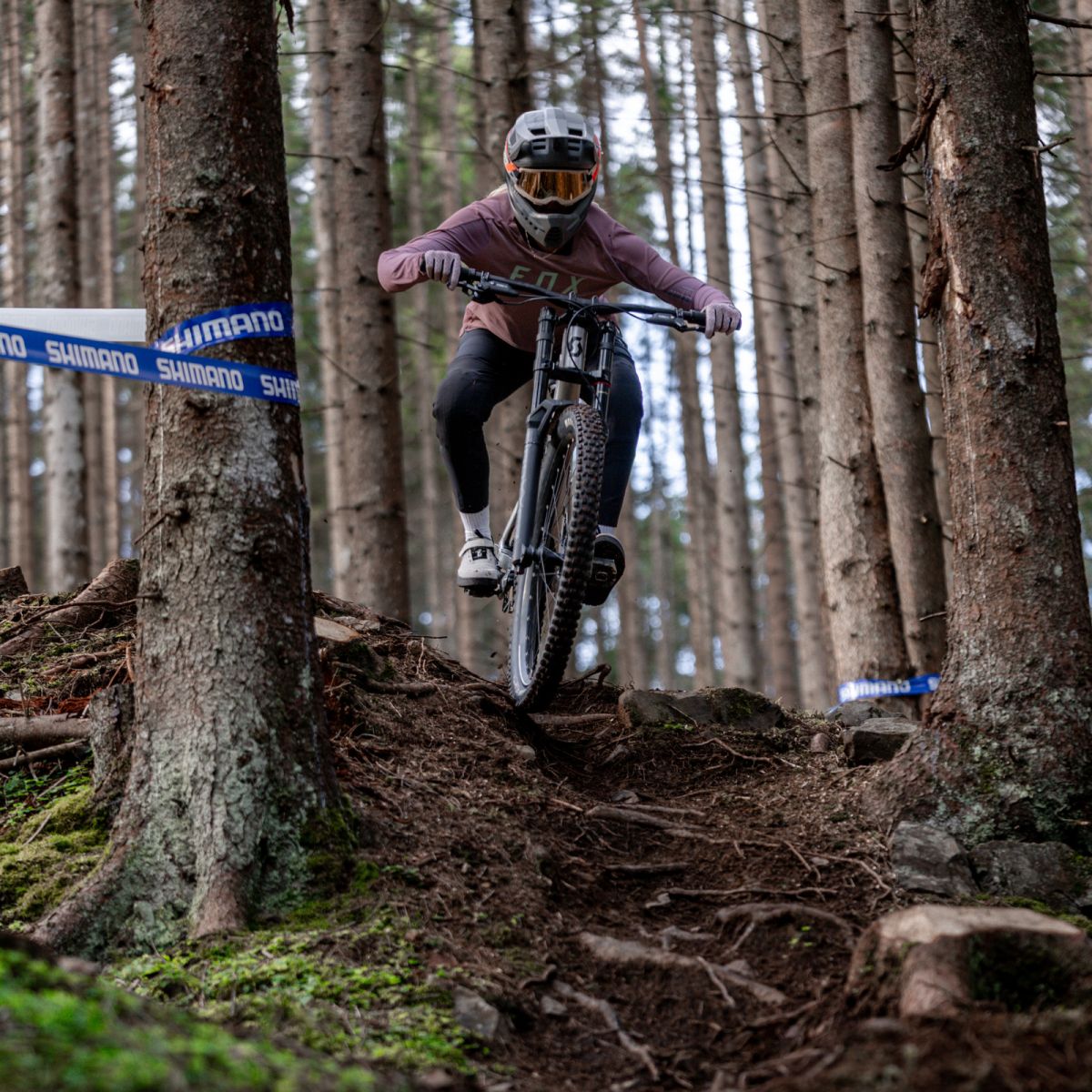 Mountainbiker auf einem Waldtrail im Bikepark Leogang